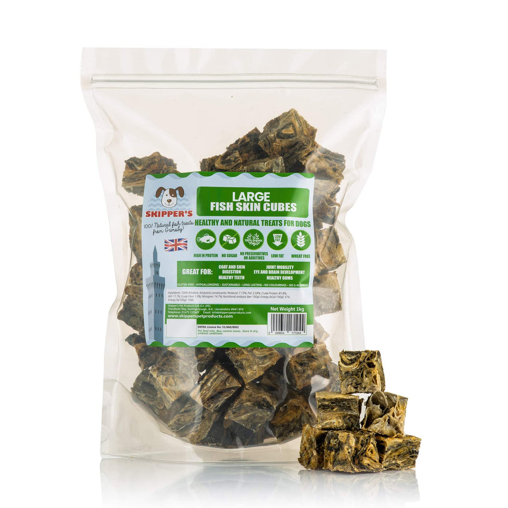 SKIPPER'S Fish Skin Jerky Cubes - Gently Air Dried Dog Treats, Healthy & Natural Treat for Dogs, Hypoallergenic Grain Free, High in Protein & Low Fat | Great for Teeth (Cube Size Large, 1kg Pack) - PawsPlanet Australia