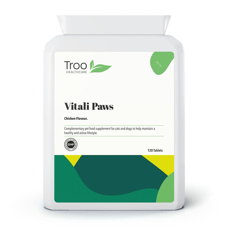 Troo Health Care Vitali-Paws Dog Joint Support Supplement for Pets - 120 Tablets | Chondroitin, MSM, Green Lipped Mussel, Glucosamine for Dogs and Cats | Yummy Chicken Flavour - UK Manufactured - PawsPlanet Australia