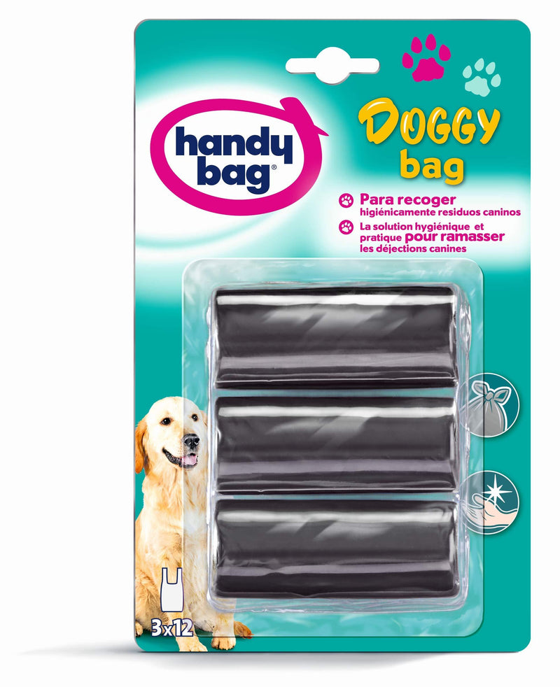 Handy Bag 3 Rolls of 12 Bags for Doggy Bag, 3 L, Compact Size, Pack of 3 Rolls, Black, Opaque - PawsPlanet Australia