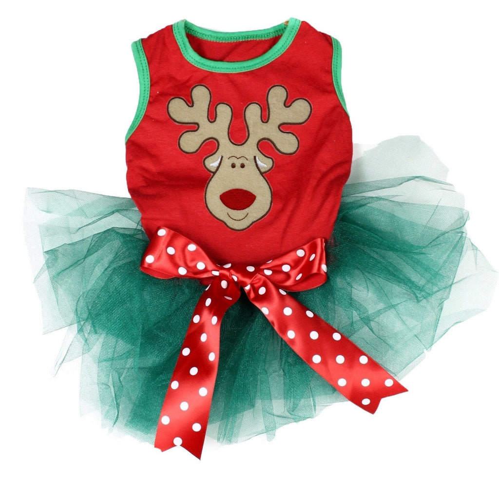 Petitebelle Reindeer Face Puppy Dog Dress (Red/Green, Small) Red/Green S - PawsPlanet Australia