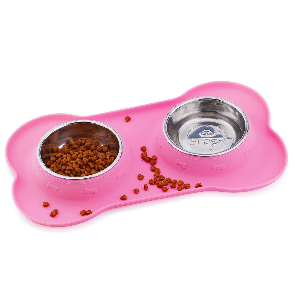 [Australia] - Super Design Double Bowl Pet Feeder Stainless Steel Food Water Bowls with No Spill Silicone Mat for Dogs Cats Small Pink 