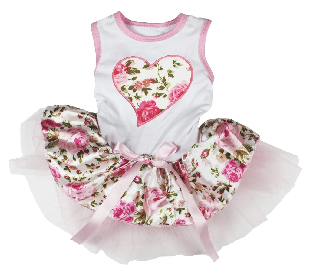 Petitebelle Pink Floral Heart Puppy Dog Dress (White/Pink Rosettes, Large) L White/Pink Rosettes - PawsPlanet Australia