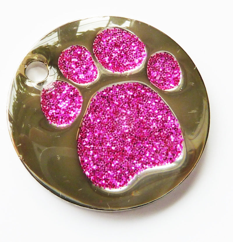 25mm PINK GLITTER PAW Pet ID Tag - ENGRAVED & POSTED FREE by Busy Bits. Cat Dog Print Design Identity Gift Round Disc. - PawsPlanet Australia