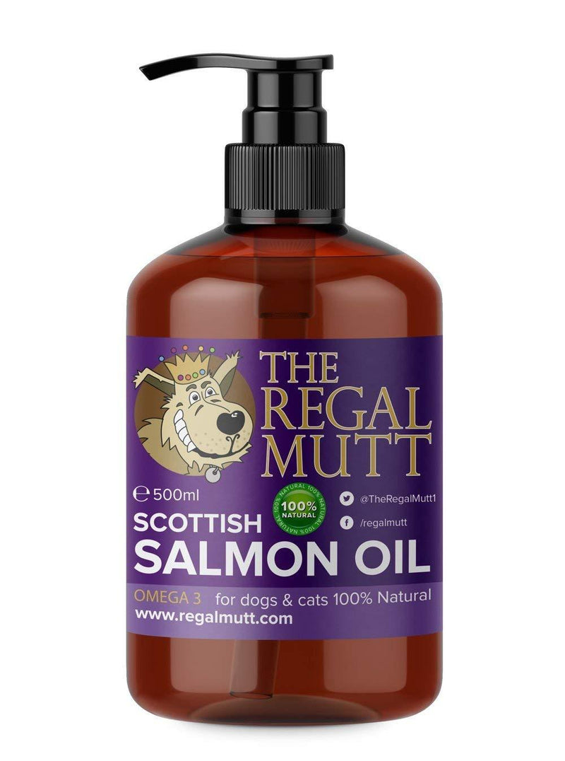 The Regal Mutt Scottish Salmon Oil For Dogs, Cats, Horses, Ferrets & Pets - 100% Pure Premium Food Grade - Natural Omega 3, 6 & 9 Supplement - Promotes Coat, Skin, Joint and Brain Health (500 ml) 500 ml (Pack of 1) - PawsPlanet Australia