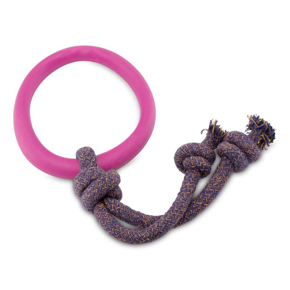 Beco Pets Hoop on Rope - Natural Rubber Hoop and Cotton Rope Tug and Chew Toy for Dogs - S - Pink - PawsPlanet Australia