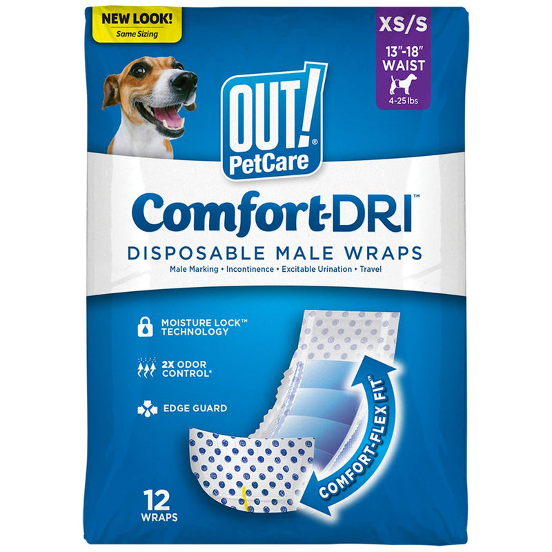 OUT! Disposable, Absorbent Male Dog Wraps with Leak Proof Fit (Pack of 12) XS/S - PawsPlanet Australia