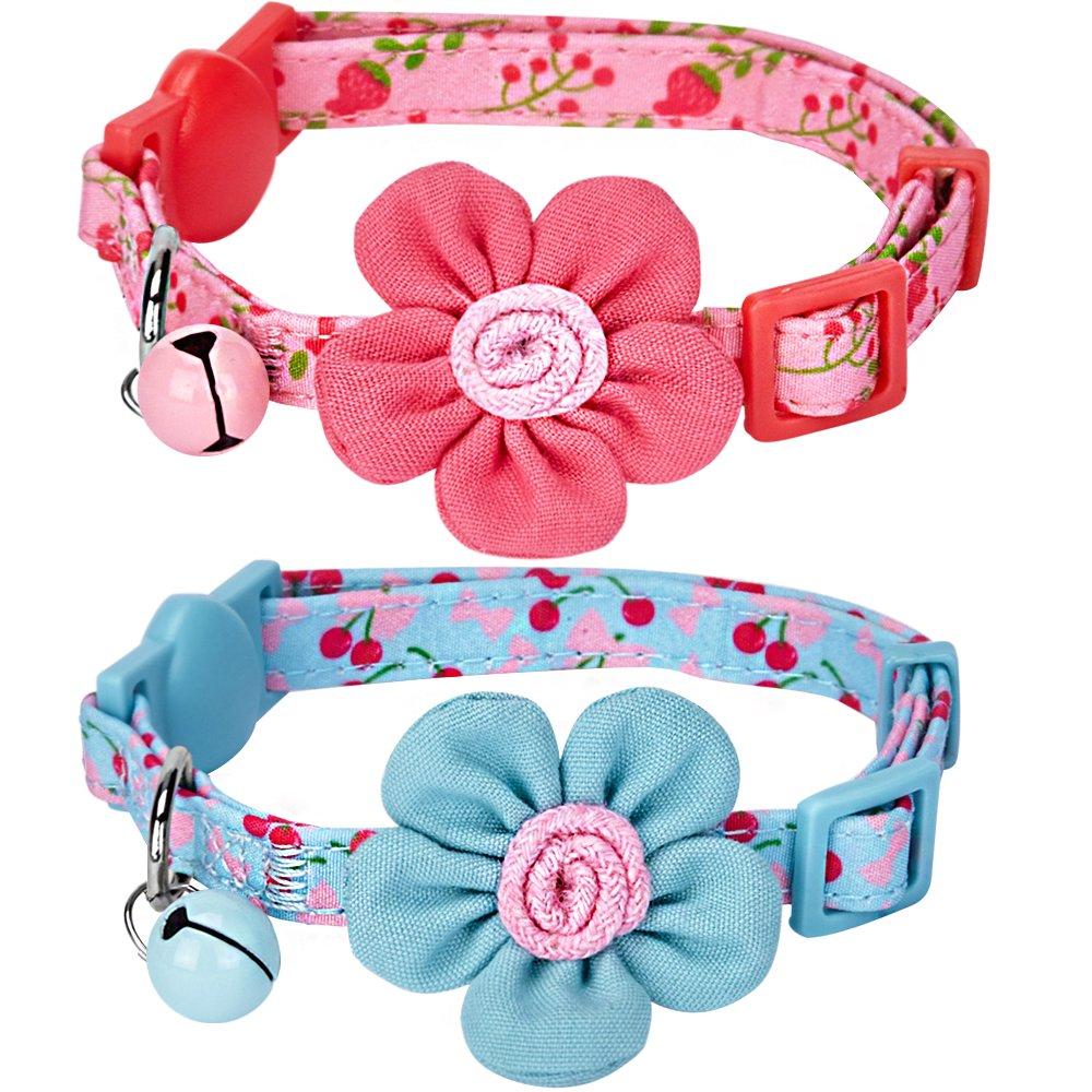 [Australia] - Blueberry Pet 7 Patterns Lovely Cherry & Floral Prints or Fancy Metallic Thread Breakaway Cat Collars, with Personalization Options Regular - 9"-13" Neck Pack of 2 - Lovely Cherry and Floral 