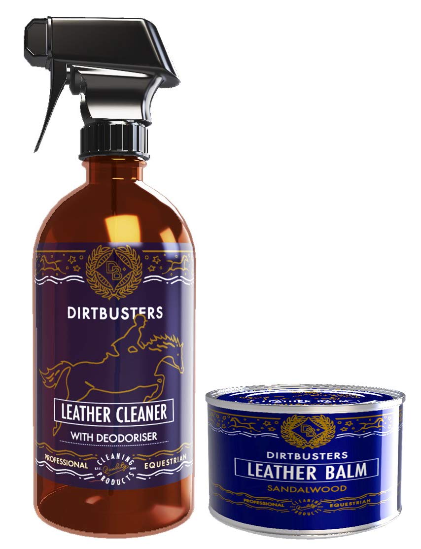 Dirtbusters equestrian deodorising leather cleaner and deep conditioner sandalwood balm 150g tin and 500ml bottle for saddles tack boots - PawsPlanet Australia
