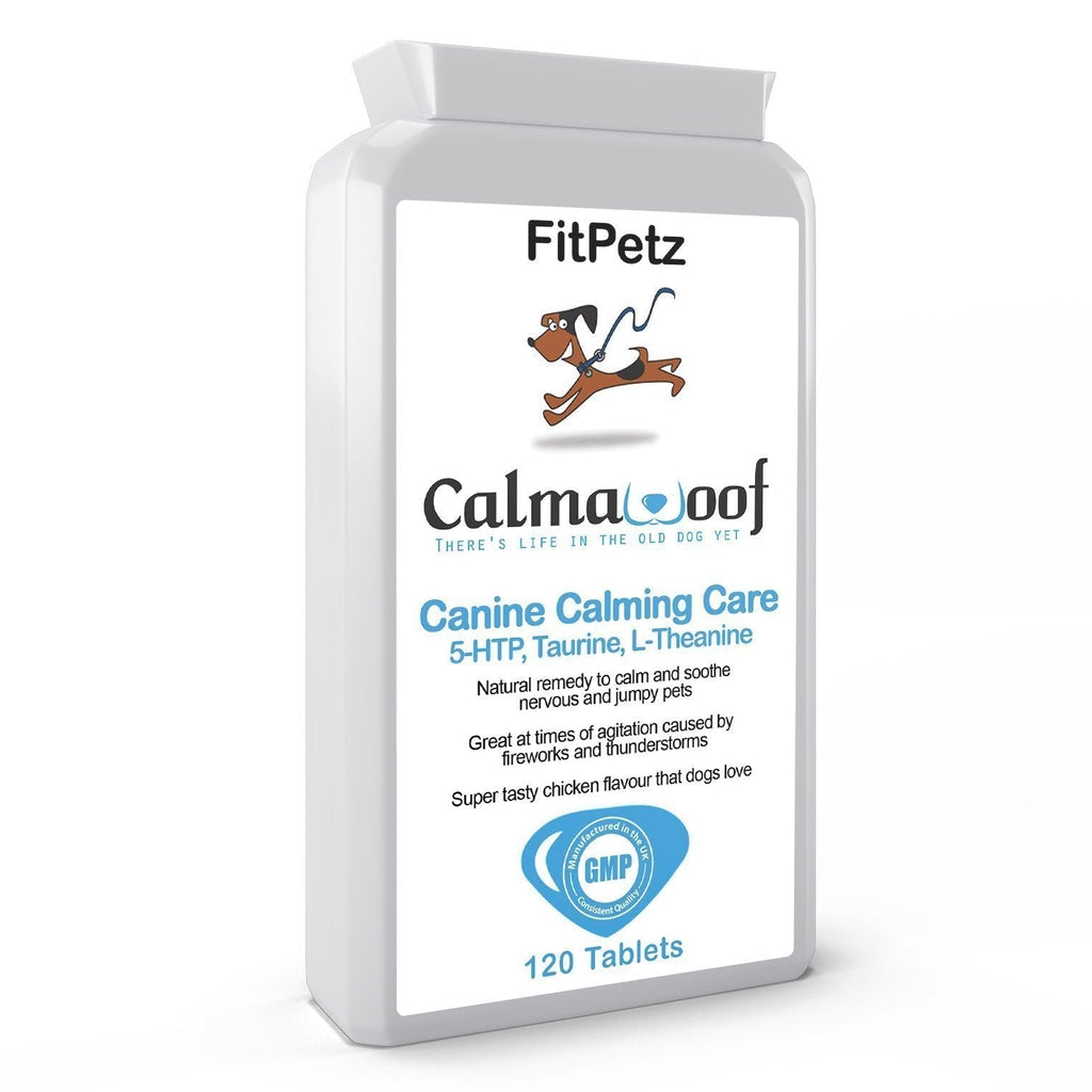 FitPetz Dog Calming & Soothing Supplements - CalmaWoof - Taurine, Inositol, 5-HTP, L-Theanine, Vit B1, Ginger Extract, Magnesium - 120 Chicken Flavoured Tablets - Taste Guarantee - UK Made - PawsPlanet Australia