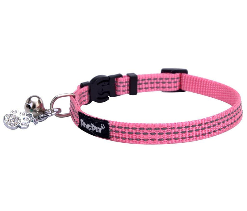 BINGPET Safety Nylon Reflective Cat Collar Breakaway Adjustable Cats Collars with Bell and Bling Paw Charm, Light Pink - PawsPlanet Australia
