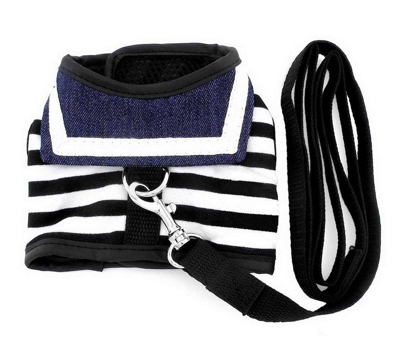 SMALLLEE_LUCKY_STORE Nautical Cat harenss with Leash Escape Proof Mesh Lining Adjustable Puppy Striped Sailor Vest Harness,Black,Large L Black - PawsPlanet Australia