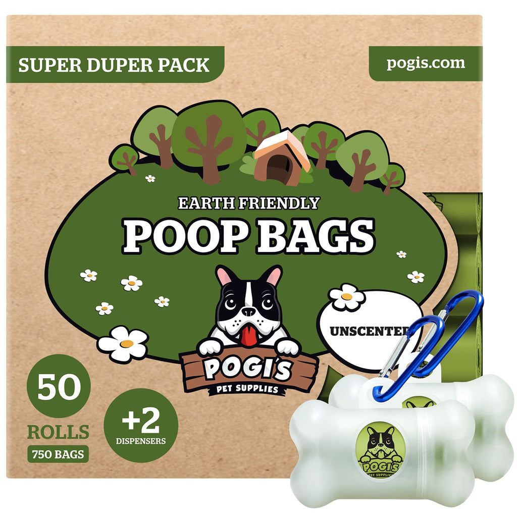 Pogi's Poop Bags - 50 Unscented Rolls (750 Dog Poo Bags) +2 Dispensers - Leak-Proof, Biodegradable Poo Bags for Dogs 50 Rolls (750 Bags) - PawsPlanet Australia