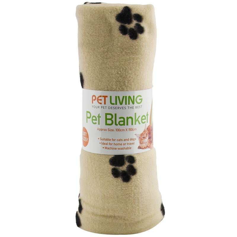 New Pet Touch Soft Fleece Pet Blanket Dogs Puppy Cat Kittens Blankets Paws & Bones Print ((100 X 150) cm, Beige (Black Paws)) - PawsPlanet Australia