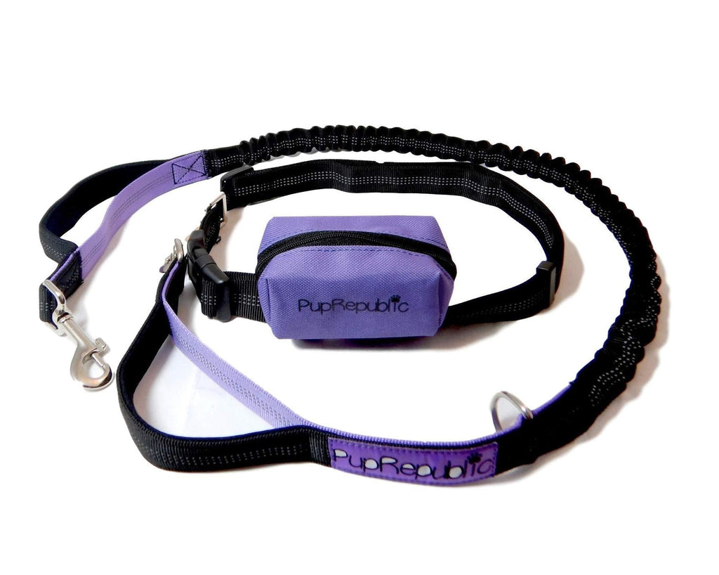 PupRepublic Hands Free Dog Lead - Perfect Dog Running Lead Or When Walking Or Hiking - Fully Adjustable Waist Belt With Reflective Bungee Dog Leads - Free Poo Bag Pouch Included Purple - PawsPlanet Australia