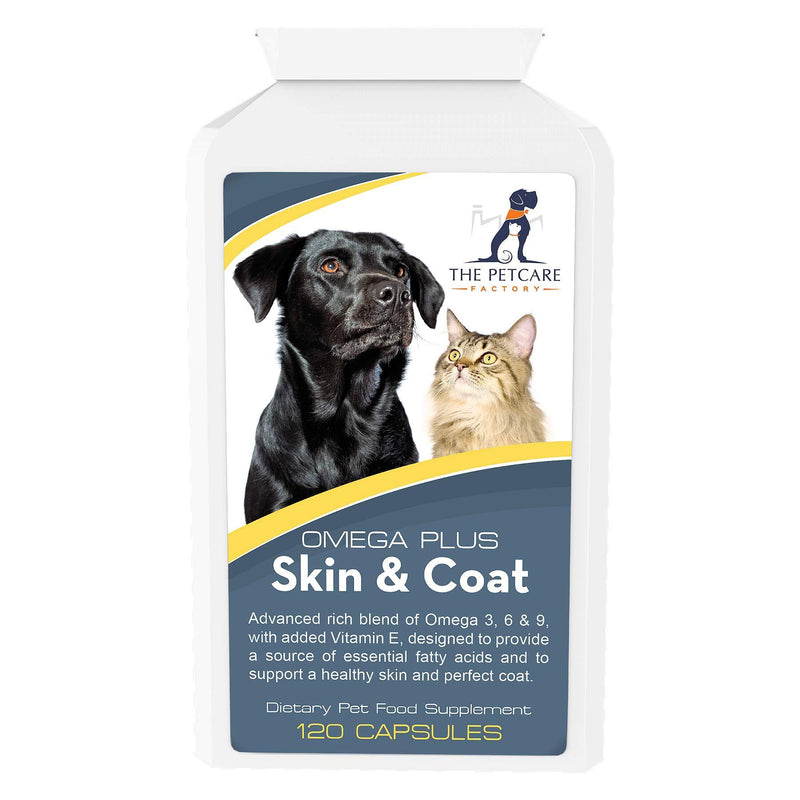 The Petcare Factory Omega Plus Skin & Coat Supplement For Dogs and Cats, Triple Action Omega 3, 6 & 9 With Added Vitamin E, 120 Softgel Capsules 1000mg, Human Grade Ingredients, UK Manufactured - PawsPlanet Australia