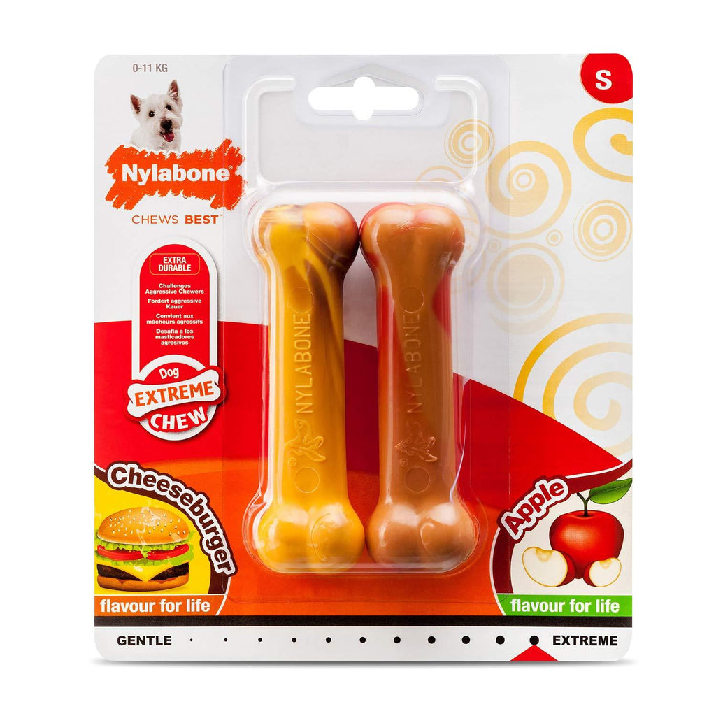 Nylabone Extreme Tough Dog Chew Toy Bones, Cheeseburger & Apple Flavour, 2-piece, Small, For Dogs Up To 11 kg Small (2 Count) - PawsPlanet Australia