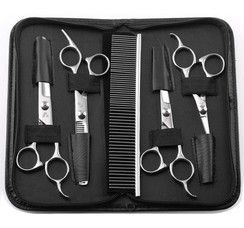 AUGYMER Dog Grooming Scissors Kit, Rounded Tips 5 PCS Curved Pet Grooming Scissors for Cats Dogs Stainless Steel Scissor for Body Face Ear Nose Paw - PawsPlanet Australia