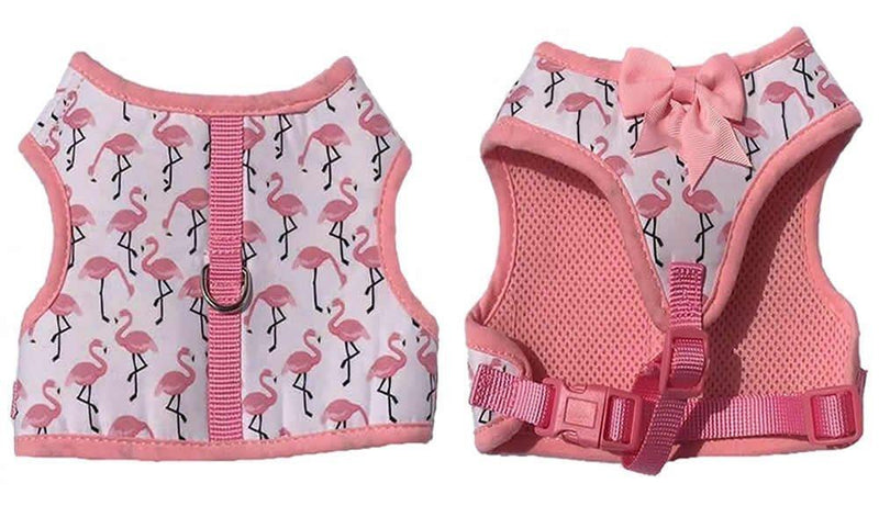 Lanyarco Pink Flamingo Soft Girl Dog Harness Bowtie Harness No Pull Pet Harnesses Vest for Small Dogs, Neck 12 Inch - PawsPlanet Australia