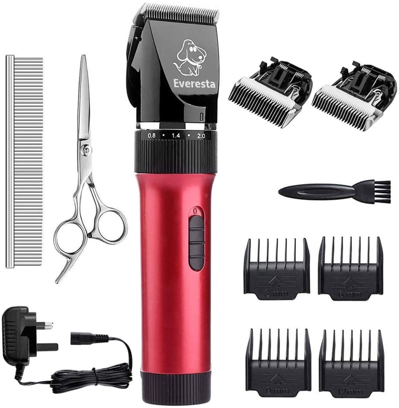 Everesta Dog clippers, Low Noise Rechargeable Cordless Pet Dogs and Cats Electric Grooming Clippers Kit with Shears and Comb(2 Blade) (Red) Red - PawsPlanet Australia