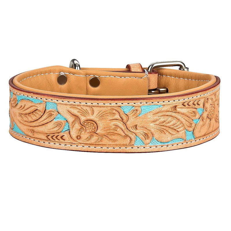 MICHUR Mariano Dog Collar Leather, Leather Collar Dog, Collar, Beige Blue Brown, LEATHER, with stamped floral patterns Neck circumference 16.14-19.29" - PawsPlanet Australia