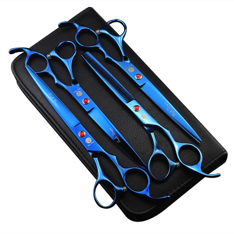 Purple Dragon Professional 7.0 inch 4PCS Pet Grooming Scissors Kit Japan Premium Steel Straight & Curved & Thinning Blade Dog Hair Cutting Shears Set with Case Blue - PawsPlanet Australia