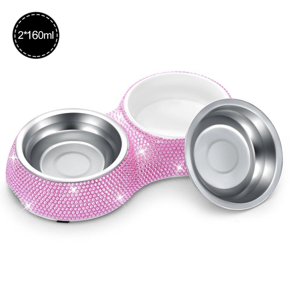 [Australia] - SAVORI Small Dog Bowls Pink, Handmade Bling Rhinestones Stainless Steel Pet Bowls Double Food Water Feeder for Puppy Cats Dogs Cats 320ml-Pink 