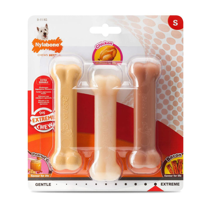 Nylabone Extreme Tough Dog Chew Toy Bones, Peanut Butter, Chicken, Bacon Flavoured, 3-Piece, Small, For Dogs Up To 11 kg Extreme Value Pack 3 Count (Pack of 1) - PawsPlanet Australia