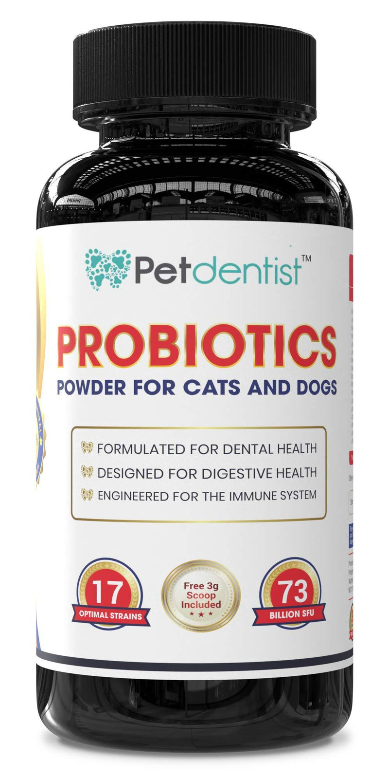 Petdentist Probiotics Powder for Cats and Dogs, 17 Bacterial Strains 73 Billion CFU’s Supplement for Pets Dental Care, Gums, Bad Breath, Dog Digestion, Skin Coat and Immunity Support, Made in UK-90g - PawsPlanet Australia