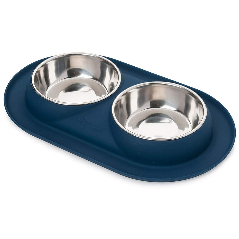 Bonza Double Cat Bowls Feeding Station, 400ml Premium Stainless Steel Dog and Cat Food or Water Bowls with Non-Spill Silicone Base, for Small Dogs and Cats Navy Blue - PawsPlanet Australia