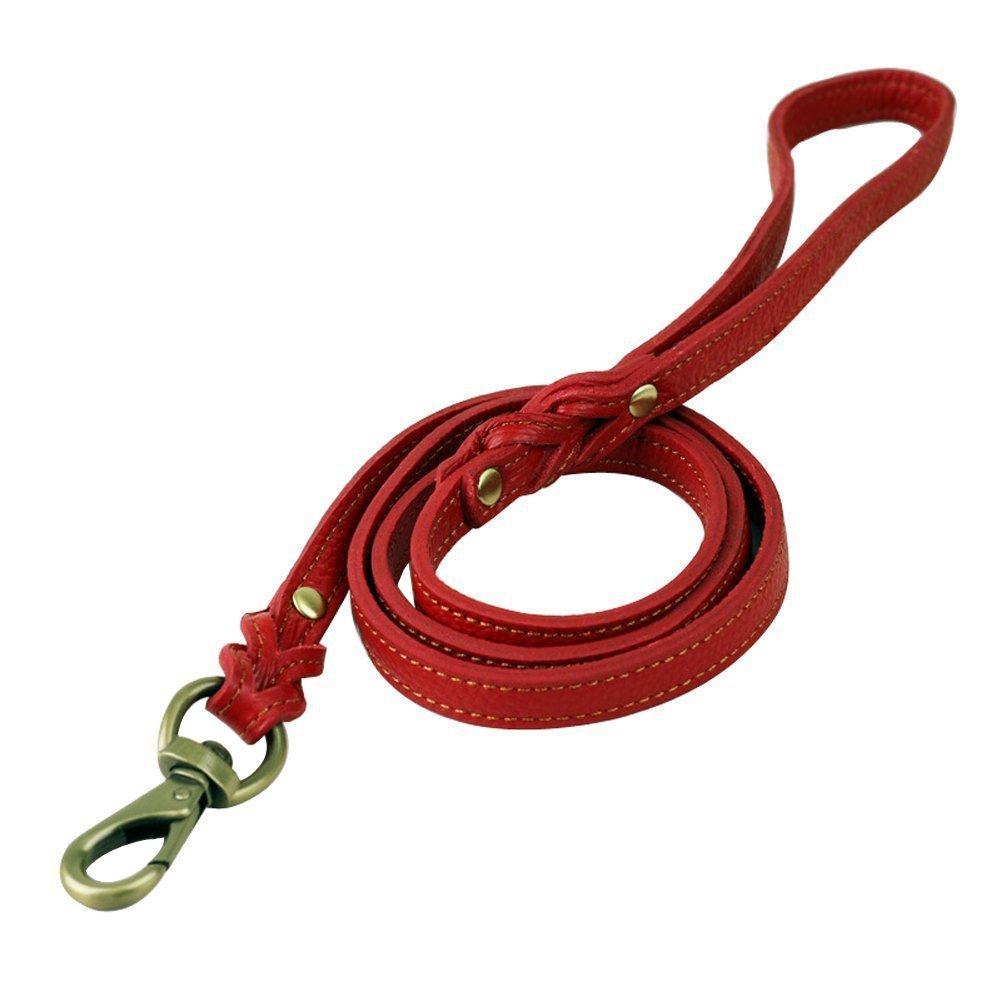 Rantow Durable Braided Soft Strong Leather Pet Cat Dog Rope 4ft Long 3/5 Inch Wide Training Lead Dogs Walking Leash (Red) Red - PawsPlanet Australia