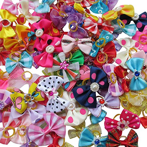 Chenkou Craft 20pcs New Dog Hair Bow With Rubber Band Rhinestone Pet Grooming Products Mix Colors Varies Patterns Pet Hair Bows Dog Accessories - PawsPlanet Australia