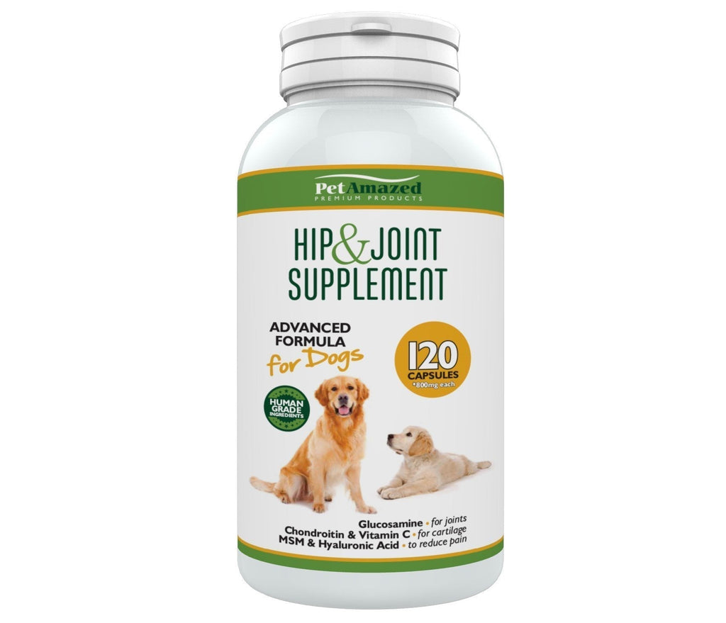 PetAmazed Advanced Hip & Joint Supplement for Dogs 120 capsules, Natural Pain Relief: Glucosamine, Chondroitin, MSM, Vit C & Hyaluronic Acid UK made, reduce Stiff Joints, Hip Dysplasia, more Mobility - PawsPlanet Australia