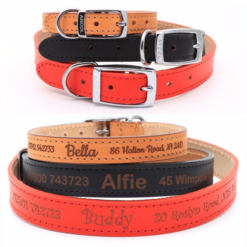 Personalised Custom Leather Dog Puppy Collar | Design Your Unique Pet ID Tag | Laser Engraved - Size 1, Black Size1: 20cm - 26cm, 16mm wide - PawsPlanet Australia