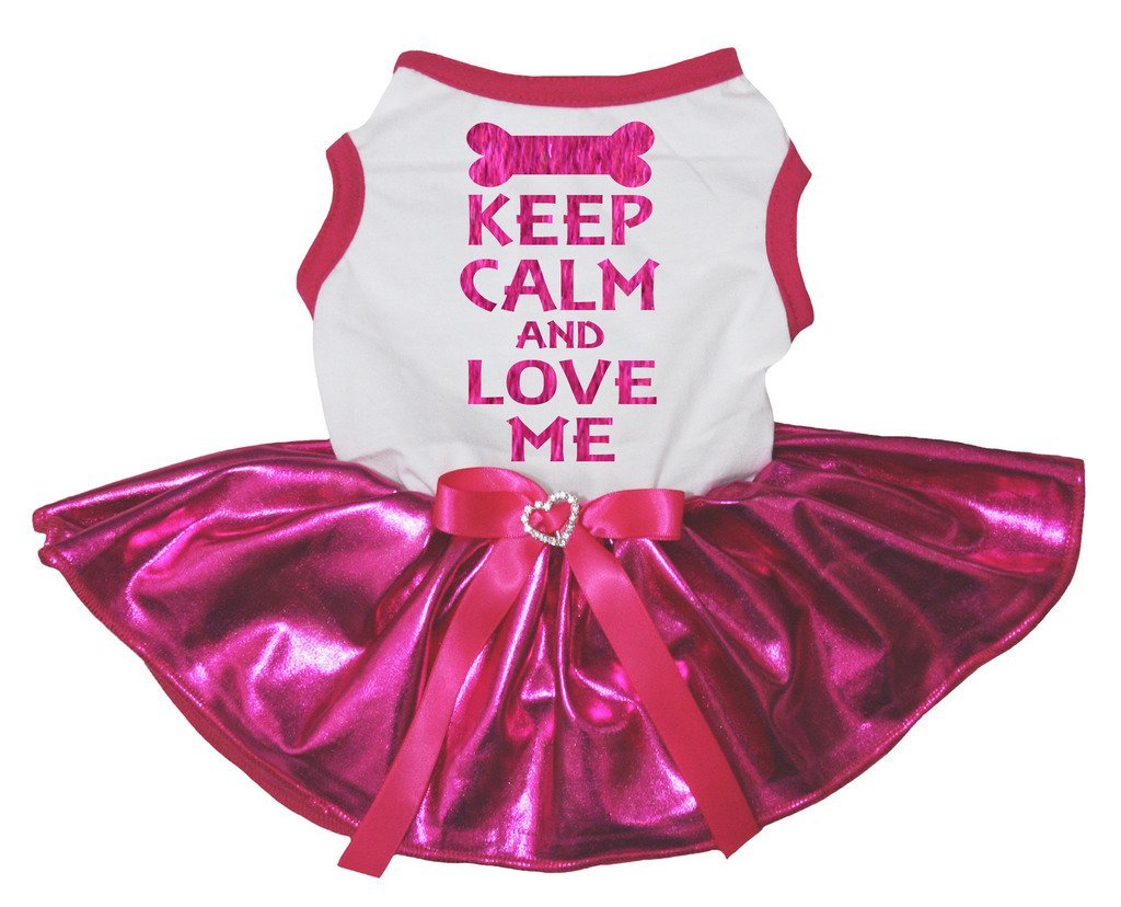Petitebelle Keep Calm and Love Me White Shirt Bling Hot Pink Tutu Puppy Dog Dress (Medium) M - PawsPlanet Australia