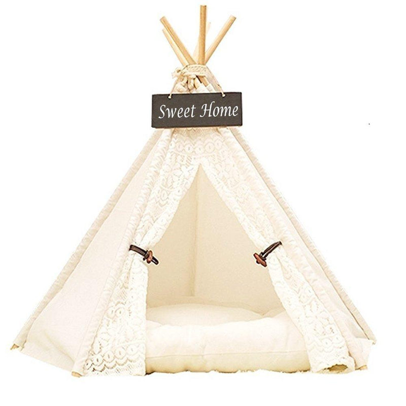 Miyare Pet Teepee Dog Cat Play House Portable Washable Pet Bed for Dog Cat Lace Style (Not Including Mats) (L, Lace) … - PawsPlanet Australia