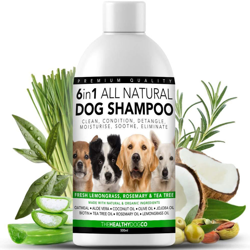 6 in 1 All Natural Dog Shampoo | Fresh Lemongrass, Rosemary & Tea Tree | 500ml | The Best Pet Wash to Groom, Clean, Condition, Detangle, Moisturise, Relieve Itching, Eliminate Germs, Deodorise - PawsPlanet Australia