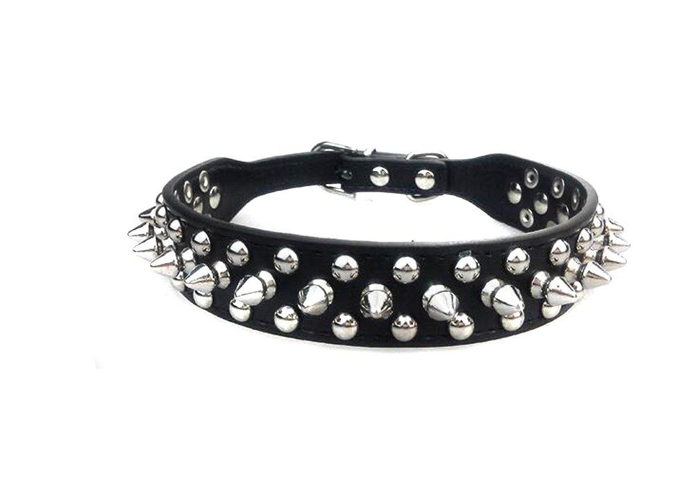 Leather Spiked Studded Dog Collar 1" Wide Protecting Daring PETS from others Biting for Small or Medium Dogs Pets (Medium Size) (Black) Black - PawsPlanet Australia