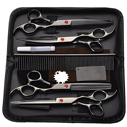 Fancyli Dog Grooming Scissors, Rainbow 7 inches Pet Stainless Steel Curved Scissor Suit Provided With Curved Thinning Shear and Steel Grooming Comb Set (Black) Black - PawsPlanet Australia