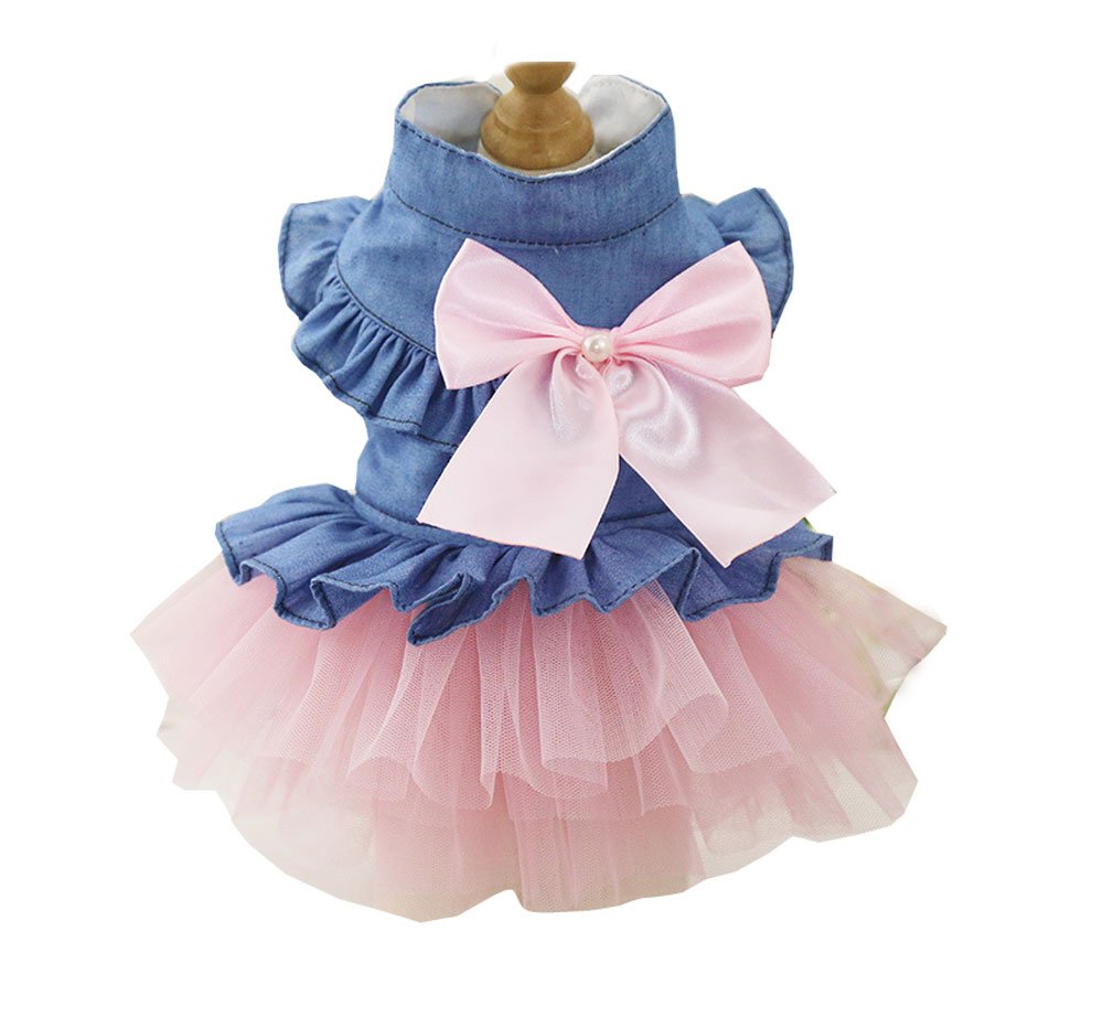 ZoonPark® Puppy Dog Pet Clothes,Pet Dog BOW Denim Dress Tutu Skirt Summer Clothes for Small Dog Cat Puppy (XS, Pink Skirt) XS - PawsPlanet Australia