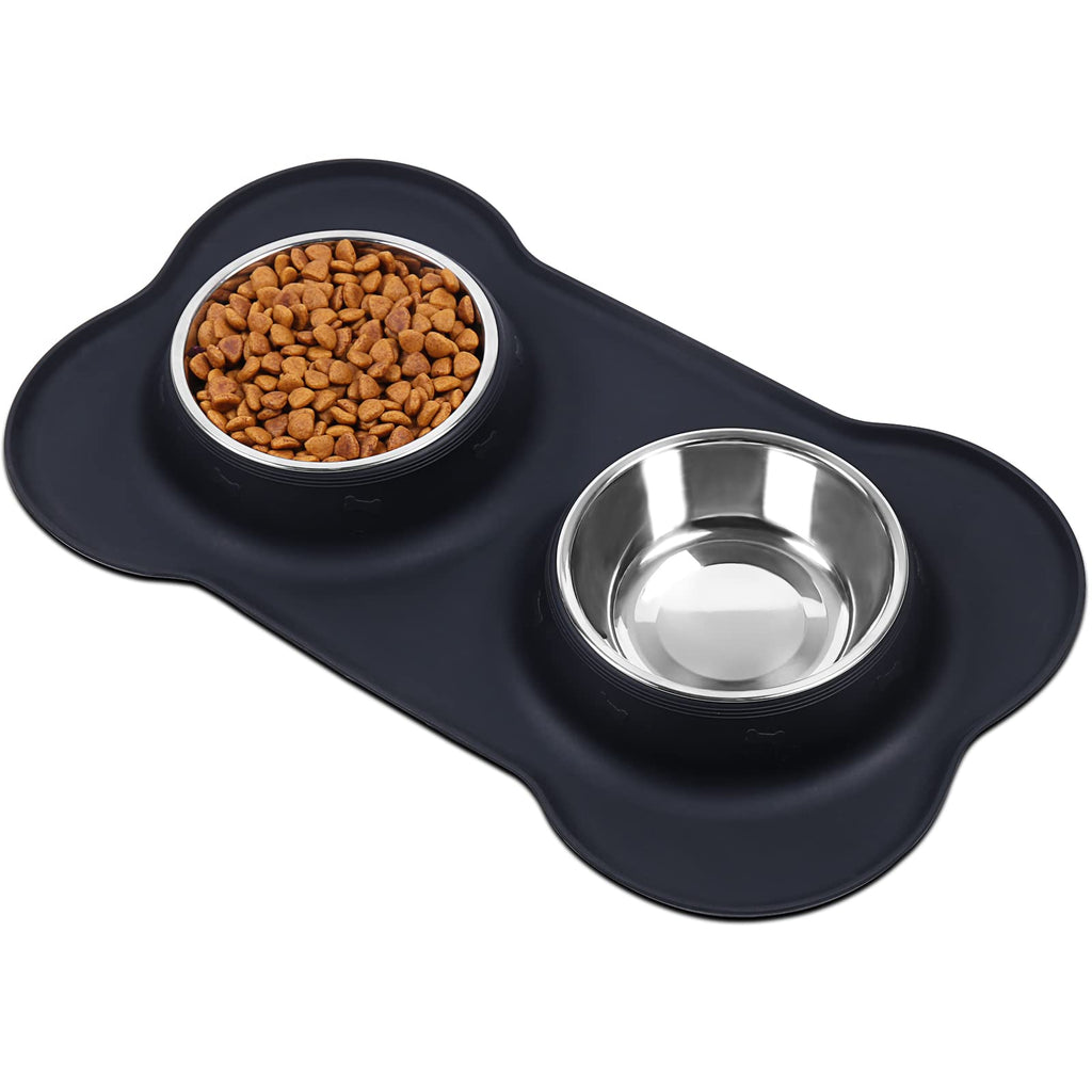 VIVAGLORY Small Dog Bowls Stainless Steel Cat Puppy Water and Food Bowl with Non-Spill Skid Resistant Silicone Mat, 200ml Each, Black S (for Puppies) - PawsPlanet Australia