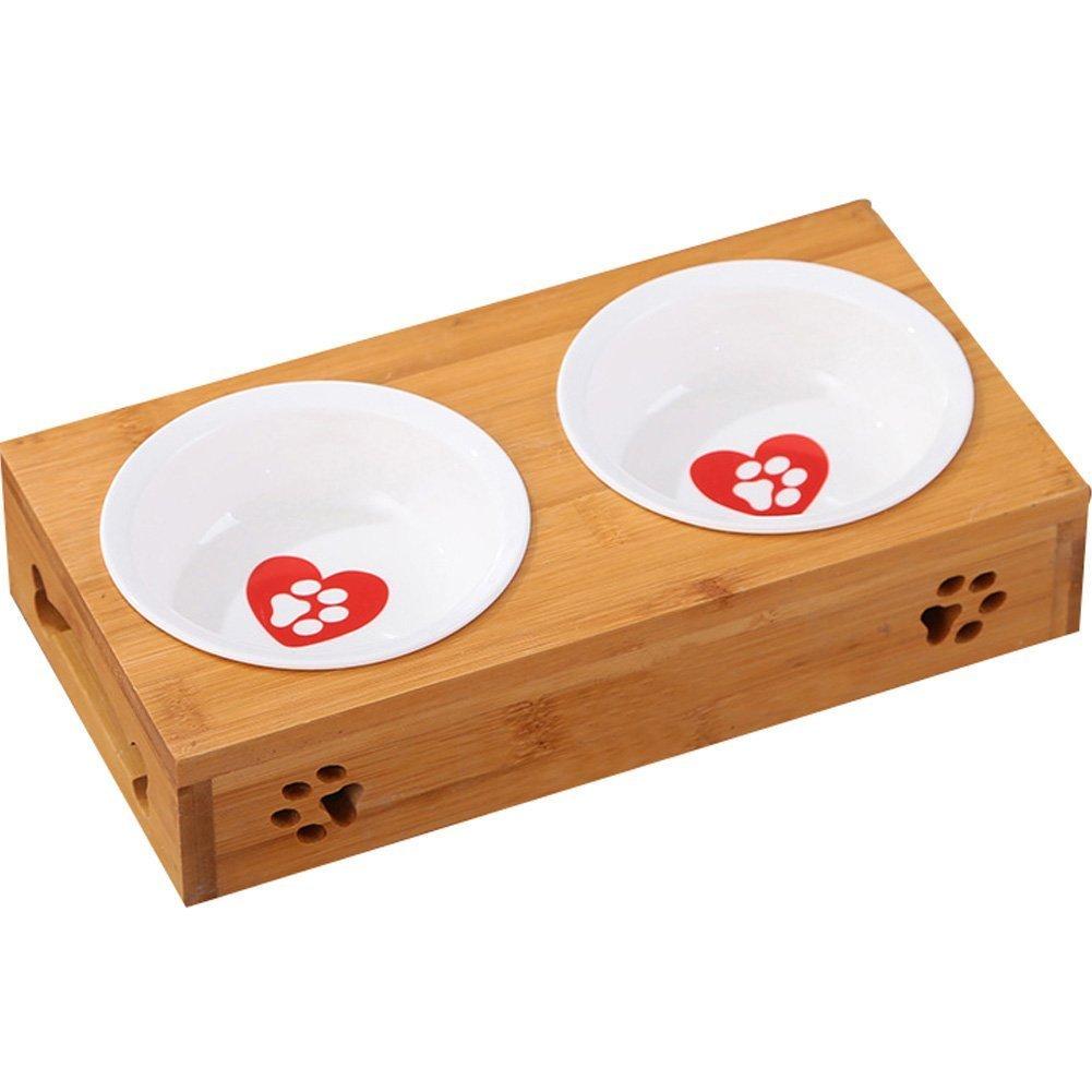 Da Jia Inc Solid Bamboo Elevated Pet Dinner Feeder for Small Dogs and Cats Raised Stand with Two Ceramic Bowls 2 Bowls Heart Pattern - PawsPlanet Australia