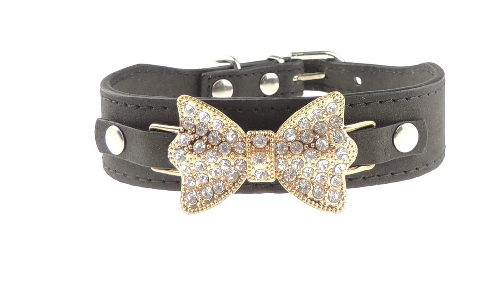 Leather Look Dogs Cats Big Sparkly Bow Tie Collar (X-Small, Black Gold) X-Small - PawsPlanet Australia