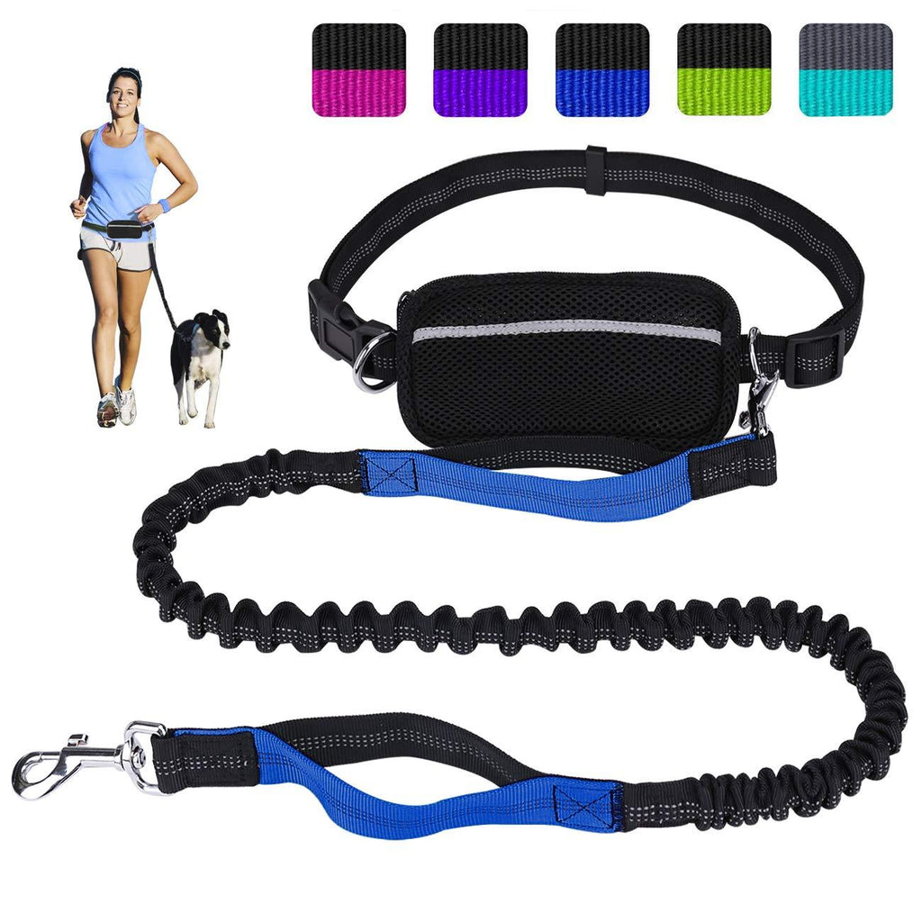 [Australia] - LANNEY Hands Free Dog Leash for Running Walking Training Hiking, Dual-Handle Reflective Bungee, Poop Bag Dispenser Pouch, Adjustable Waist Belt, Shock Absorbing, Ideal for Medium to Large Dogs Black W Blue 