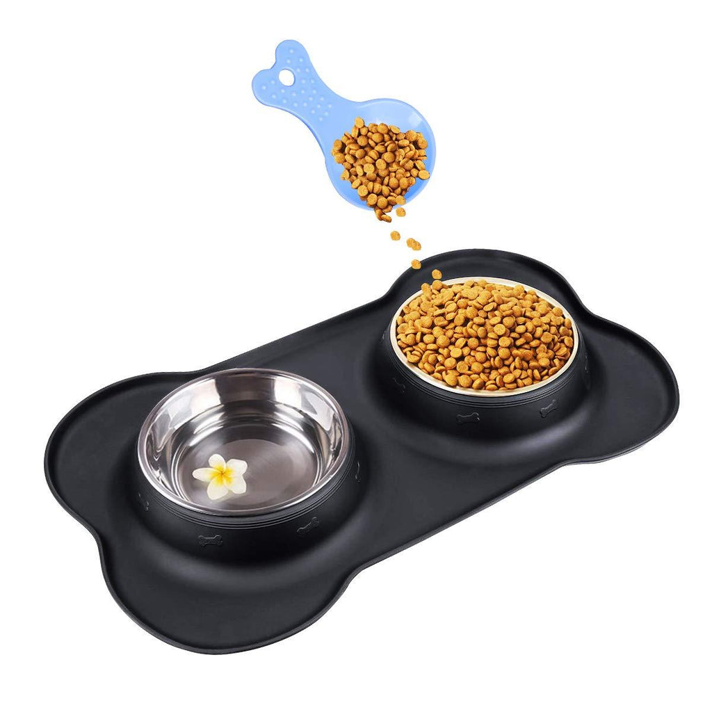 Double Dog Bowls- Stainless Steel 2 x 350ml Puppy Water and Food Bowl with Non-skid Anti-overflow Silicon Tray Mat for Puppy Dogs, With Pet Food Shovel Black S(2 x 350 ml) - PawsPlanet Australia