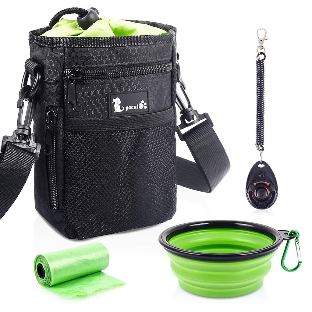 pecute Waterproof Dog Treat Pouch Bag with Multiple Pockets,Adjustable Belt 3 Ways to Wear, Built-in Poo Bag Dispenser, 3 Bonus, Brilliant for Carry Things Training Walking Outside Original Small Size Black + Green - PawsPlanet Australia