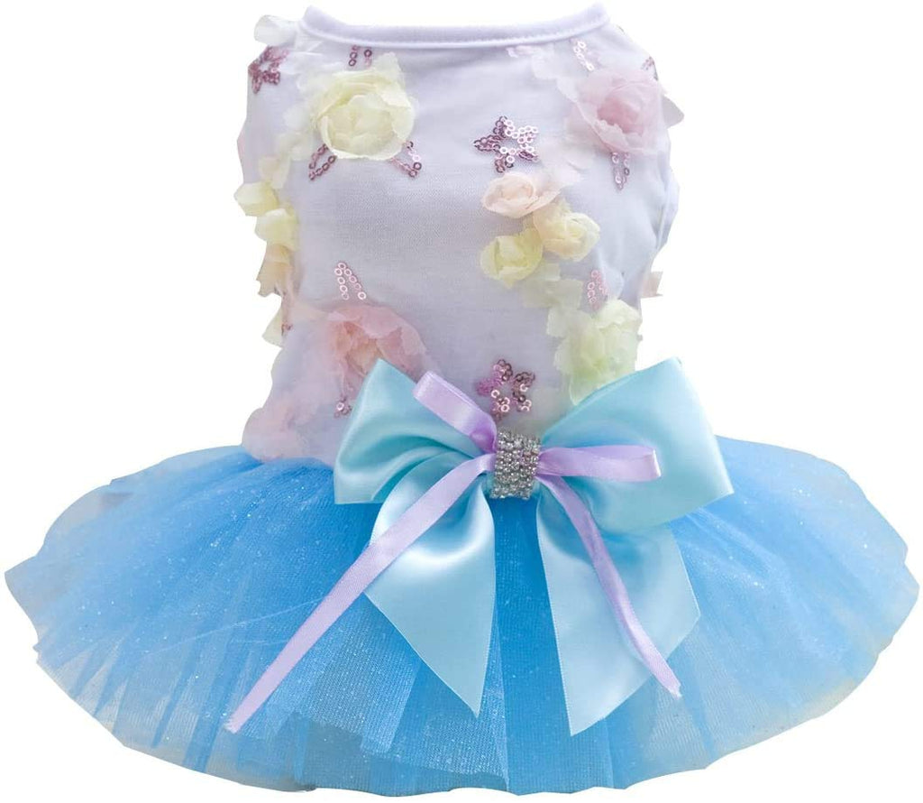 Izefia Dog Dress Puppy Skirt Dog Princess Dresses Rdc Pet Tutu Flower and Sequin Dot Wedding Lace Dress Luxury Bow Dress for Small Dog Girl (XS, Blue) XS - PawsPlanet Australia