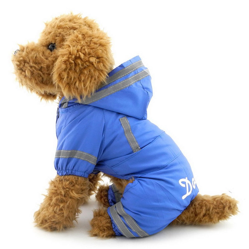 SELMAI Small Dog Raincoat Hooded Mesh Lined Soft Waterproof Lightweight Puppy Pet Rain Poncho Jacket Jumpsuit with Strip Blue S S (Neck: 23cm; Back: 20cm; Chest: 32cm ) - PawsPlanet Australia