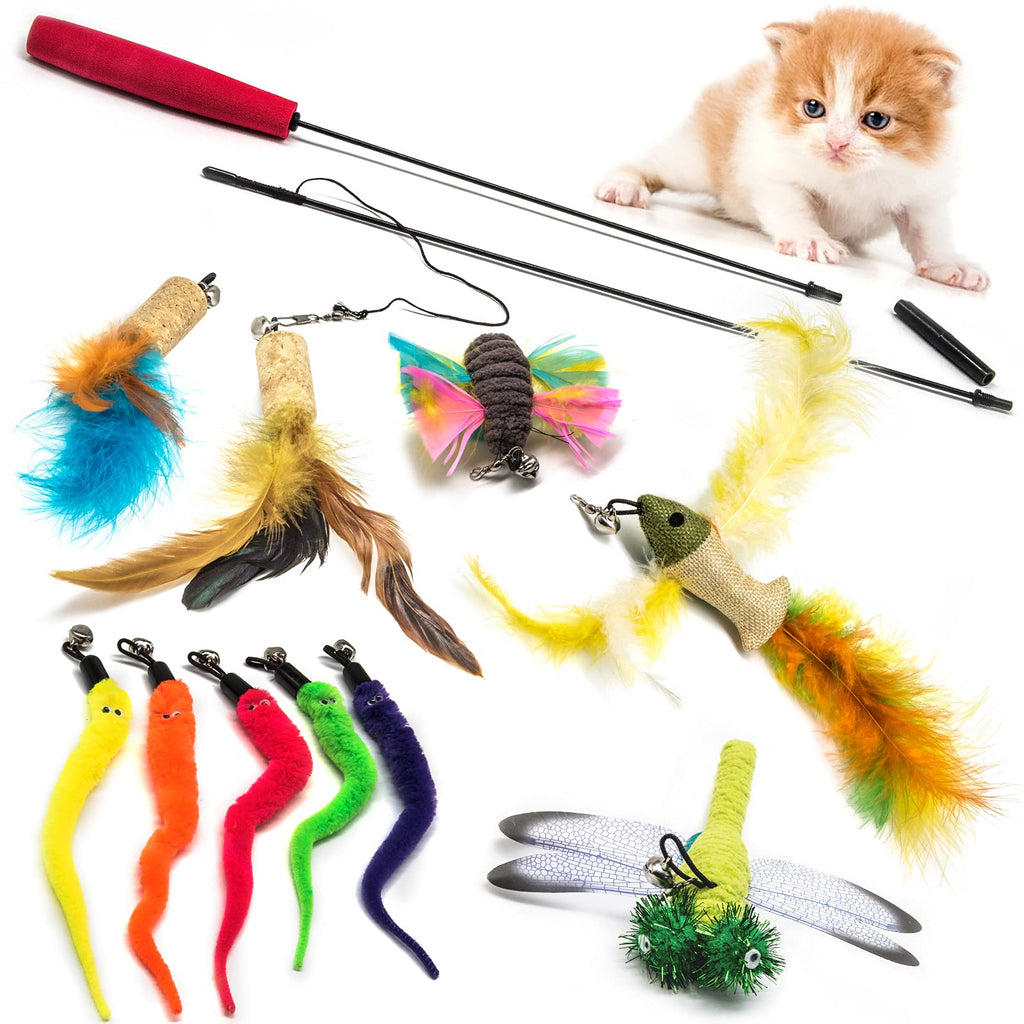 Aidiyapet Cat Feather Toys, Interactive Retractable Cat Teaser Wand with Bells and Feather, Cat Toys for Indoor Cats Kitten Interactive Training(10PCS) - PawsPlanet Australia