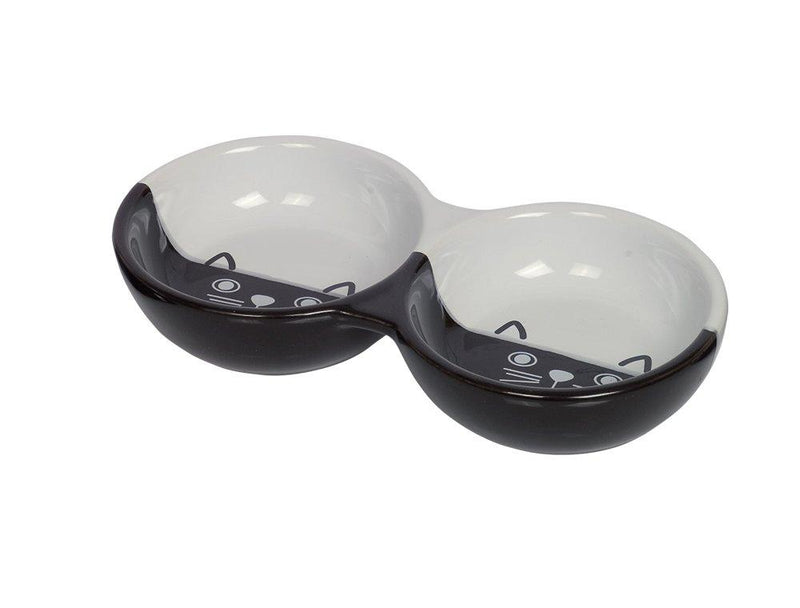 Nobby Face Cat Ceramic Double Bowl 22 x 11.5 x 3.5 cm Black/White - PawsPlanet Australia