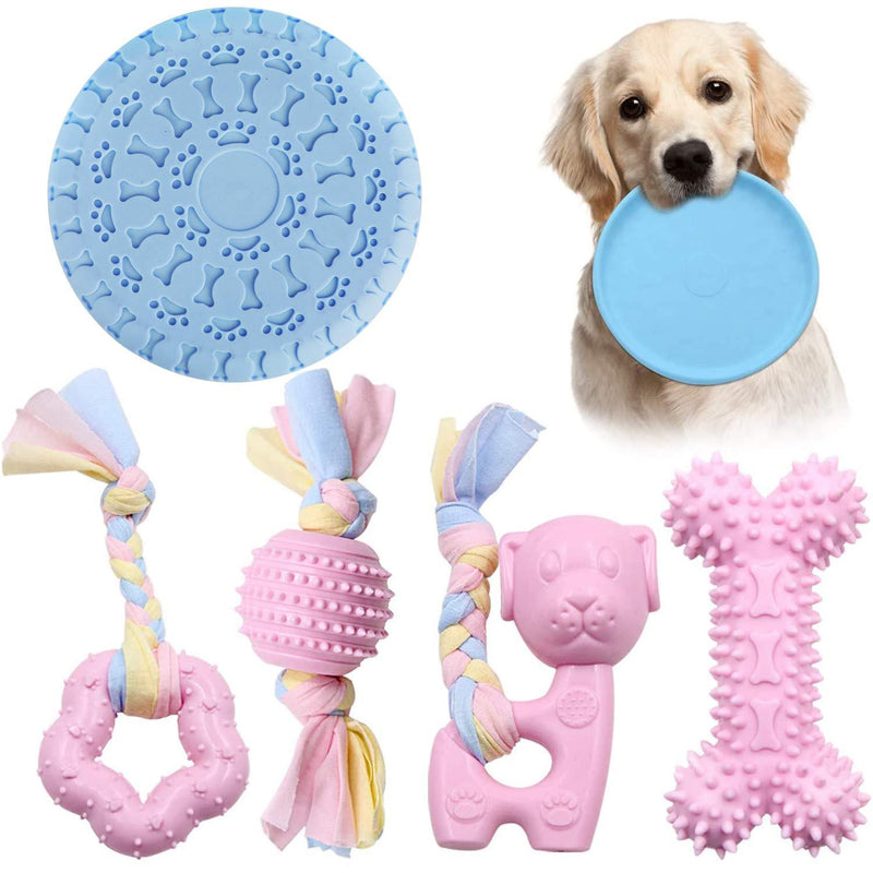 5PCS Dog Puppy Chew Toys,Dog Teething Chewing Toys for Small Dogs from 8 Weeks Puppies Small Medium Dogs Interactive Tuff Strong Dogs Toys Set with Ball and Ropes for Aggressive Chew Toy(Pink) Pink - PawsPlanet Australia